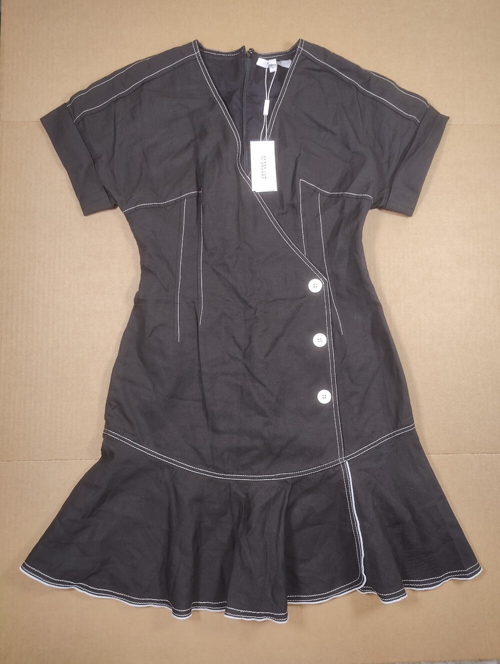 NWT Derek Lam 1O Crosby Black Cotton Linen Short Sleeve Wrap Dress Sz 8 MSRP 525
